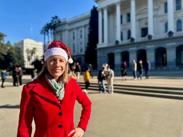 Senator Blakespear in a Santa hat in front of the State Capitol