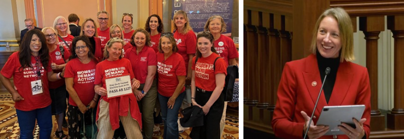 Image of Moms Demand Action group in matching shirts at the Capitol. Image of Senator Blakespear speaking at a podium.