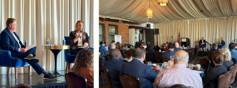 Senator Blakespear speaking into microphone. Event attendees gathered around tables.