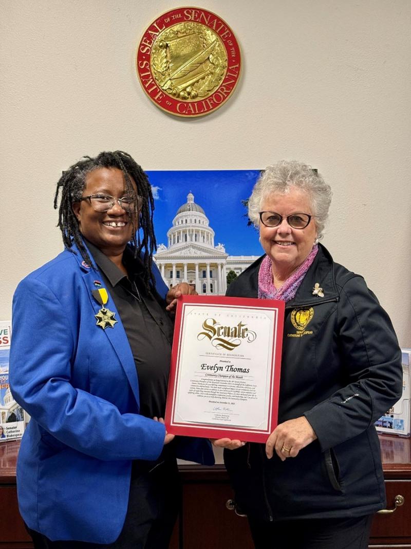 Evelyn Thomas received a Senate Certificate of Recognition from my District Director Francine Busby.