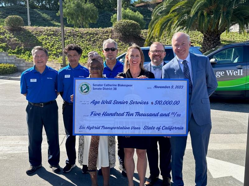 Sen. Catherine Blakespear, D-Encinitas, presented a $510,000 check to Age Well Senior Services, Inc., on Thursday to procure six vehicles to provide non-emergency transportation services to medical appointments throughout Orange County to seniors who have mobility challenges.