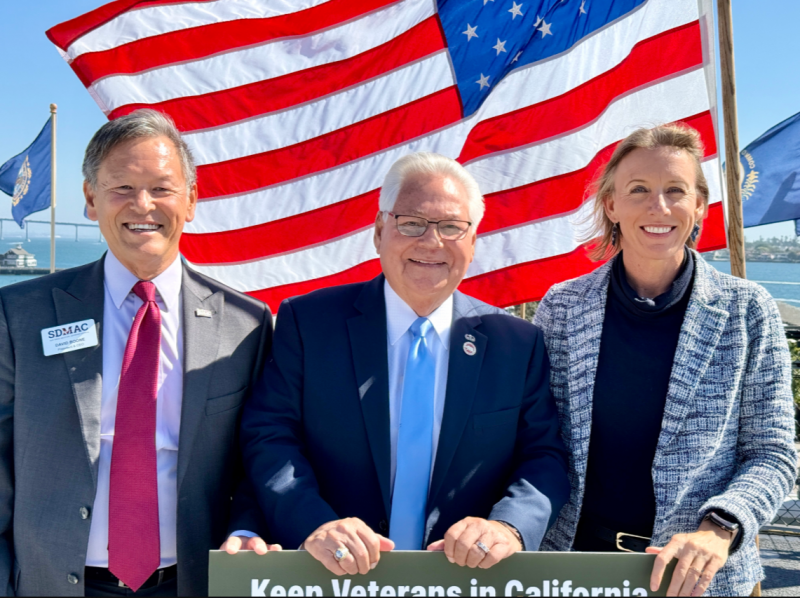 With David Boone, President and CEO of SDMAC (left, left photo), and Sen. Bob Archuleta (center, left photo). I was happy to speak (right photo) at a recent press conference on the USS Midway in San Diego highlighting Sen. Archuleta’s legislation to lower state income taxes for veterans.