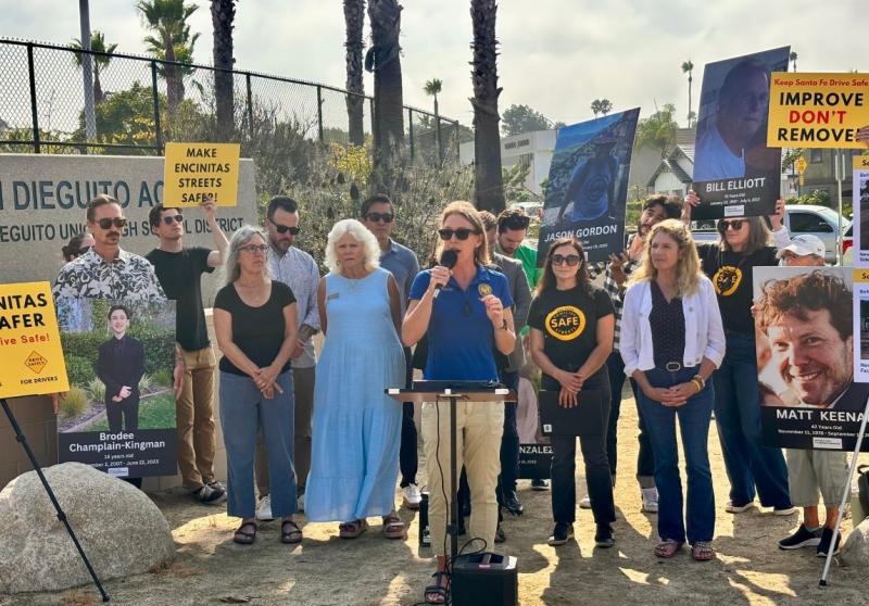 Photo of Sen. Blakespear at press conference on Santa Fe Drive