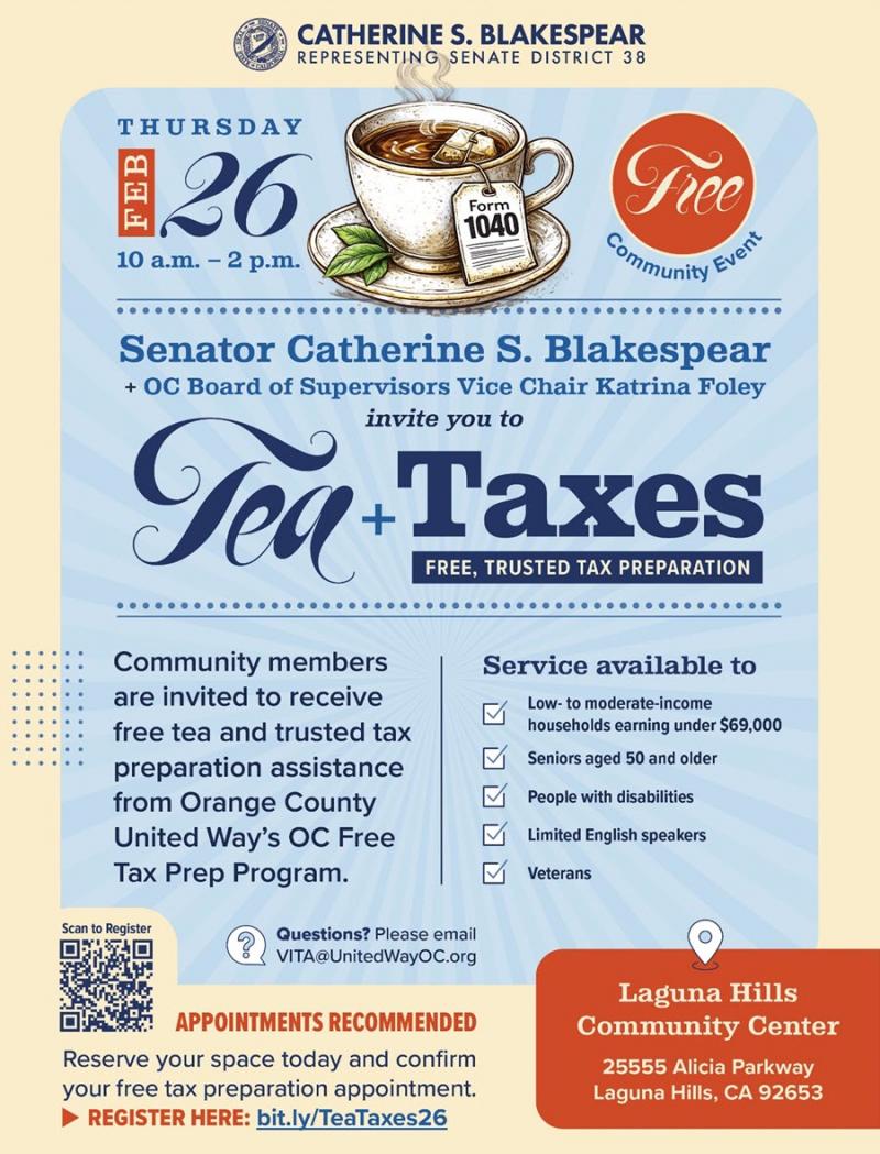 Flyer for the Tea + Taxes Preparation Community Event